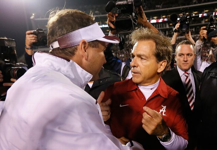 Nick Saban, incredulous after Dan Mullen informs him that this would be his final FBS win of the 2013 season
